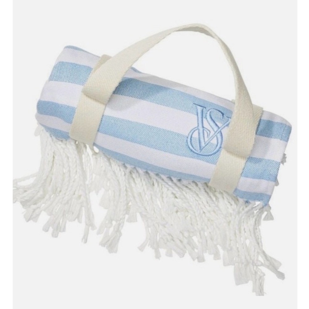 Victoria's Secret Swim Blue White Striped Beach Blanket Tassel Fringe NWT